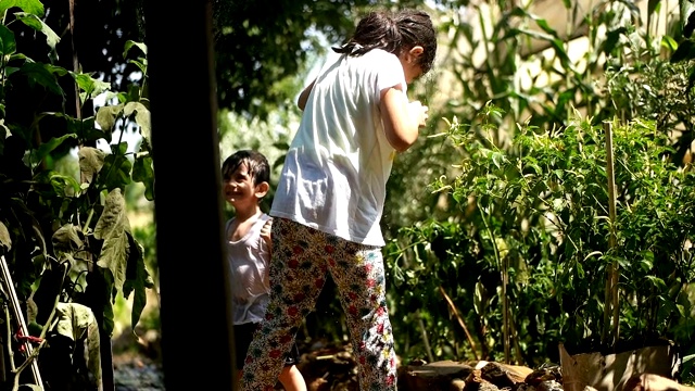 幼童在夏天在户外玩水管视频素材