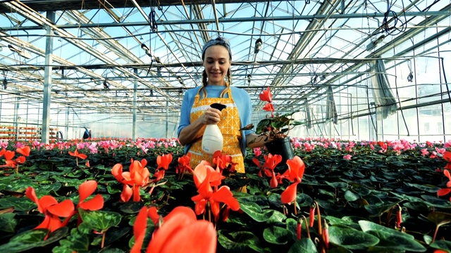 温室里的花正在被一位女士喷洒视频素材