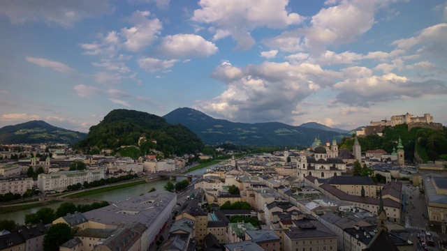 日落时间萨尔斯堡城山顶全景4k时间推移奥地利视频素材