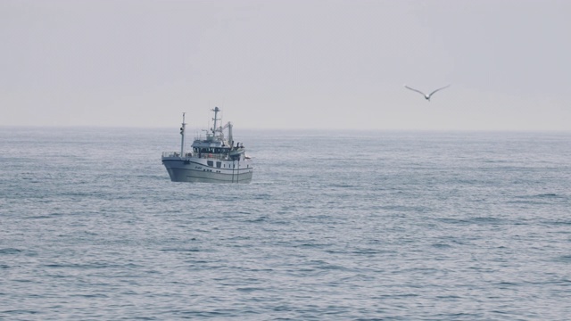 在波涛汹涌的海面上出海的拖网渔船视频素材