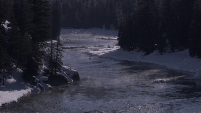 一条结冰的河流蜿蜒穿过白雪覆盖的黄石国家公园。视频素材