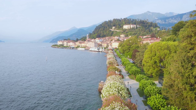 鸟瞰图。贝拉吉奥，意大利科莫湖畔的一座城市。风景秀丽，有山、湖、度假小镇视频素材