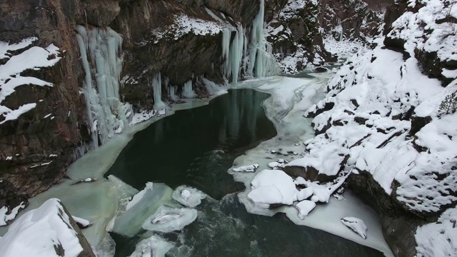 冬天的山地景观。峡谷湍急的河水上的急流峭壁上挂着冰柱视频素材