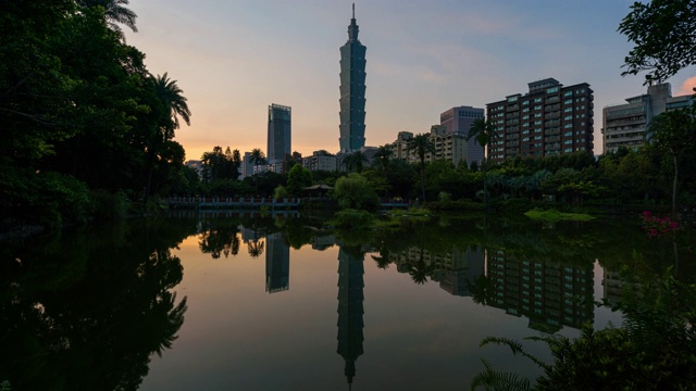 从夜晚到白天，台湾台北市商业区的时光流逝视频素材