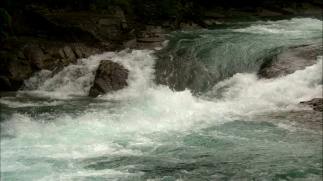 水流在河流中流过一个小瀑布。视频素材