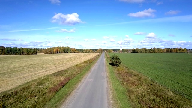 在蓝天的映衬下，镜头从田野间的道路上升起视频素材