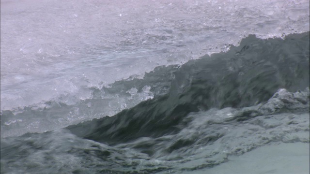 湍急的水流从塔吉什湖的冰层下冲过。视频素材