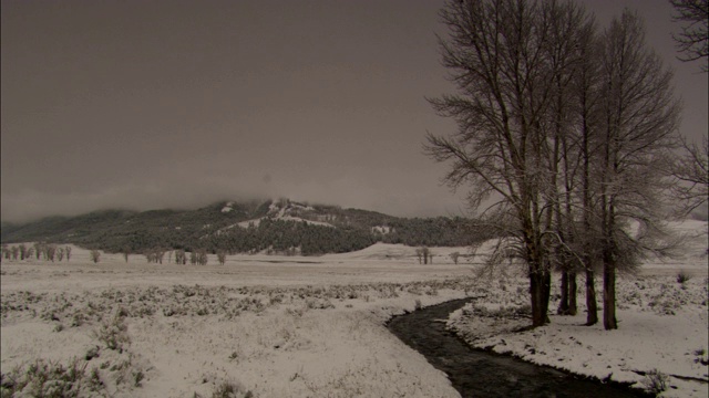 一条河流穿过黄石国家公园的雪景。视频素材