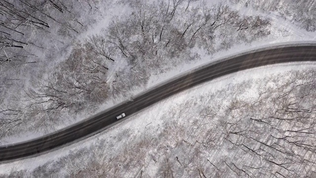 空中鸟瞰图的乡村道路在积雪的冬天森林背景视频素材