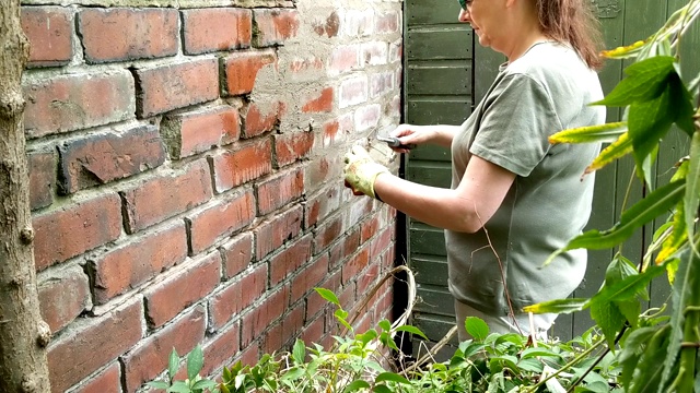 妇女用灰泥和泥铲指着砖墙。视频下载