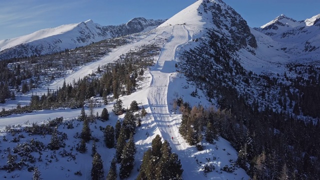 在高塔特拉斯山，斯洛伐克，斯特拉斯基普莱索度假村滑雪斜坡的空中全景图。视频素材