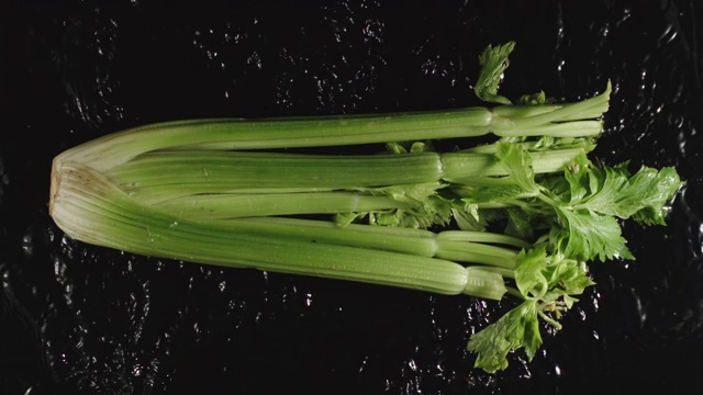 俯视图:芹菜杆落入水中，溅起水花-慢动作视频素材