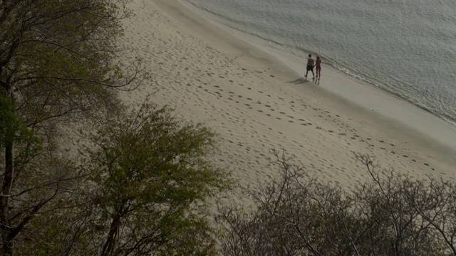 在格林纳达卡里亚库的Anse La Roche湾海滩上，一对夫妇手牵手散步的鸟瞰图视频素材