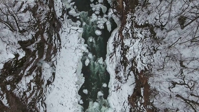 雪域森林中快速山河的俯视图视频素材