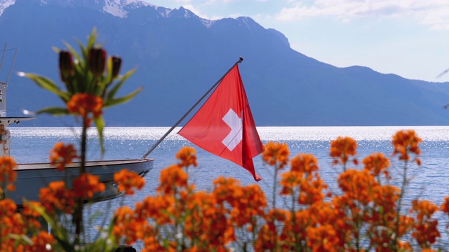 瑞士国旗上的背景，高山和鲜花日内瓦湖附近视频素材