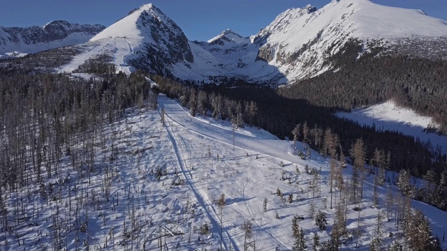 在高塔特拉斯山，斯洛伐克，斯特拉斯基普莱索度假村滑雪斜坡的空中全景图。视频素材