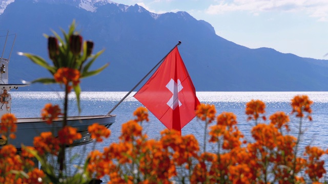 瑞士国旗上的背景，高山和鲜花日内瓦湖附近视频素材