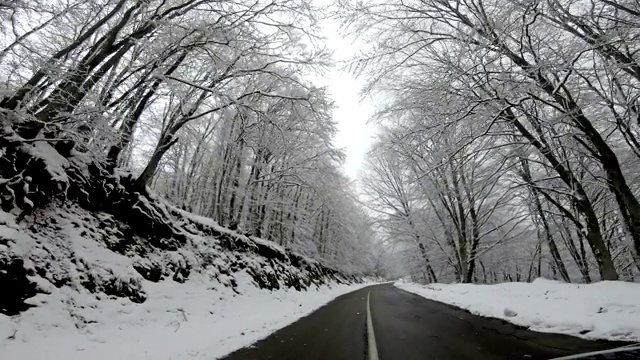 POV开车在冬天的山路在早晨，有雾的天气视频素材