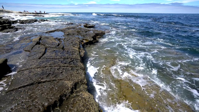 海浪翻滚着冲击着加州圣地亚哥潮池的岩石海岸视频素材