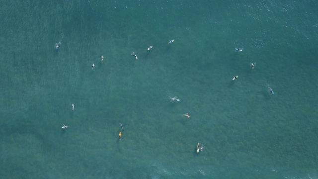 冲浪者在清澈的蓝色海洋中漂浮和捕捉海浪视频素材