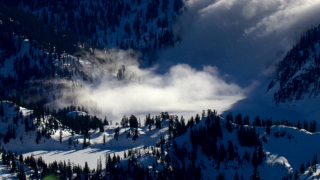 浓雾卷进了一个白雪皑皑、树木繁茂的山谷。视频素材