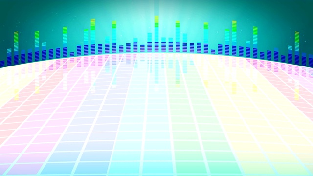 五彩缤纷的声波派对。迪斯科背景。抽象的彩色波浪图案。循环动画音乐均衡器。视频素材