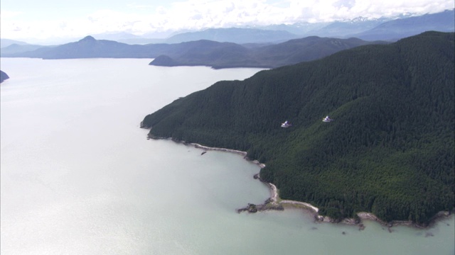 水上飞机沿着阿拉斯加郁郁葱葱、多山的海岸线飞行。视频素材