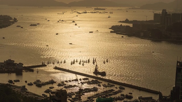 4K时间流逝俯视图香港城市摩天大楼在日落时间视频素材