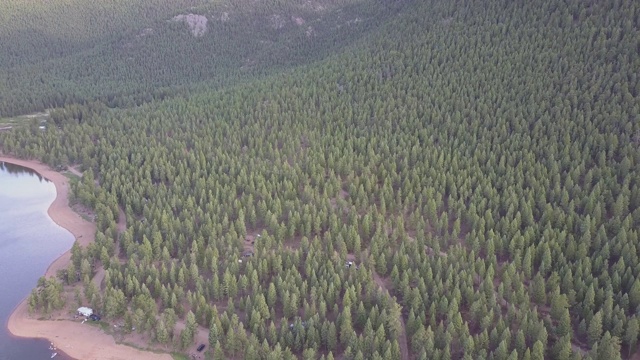 图片:日落时分，科罗拉多州惠灵顿湖，湖边山上森林里的绿树视频素材