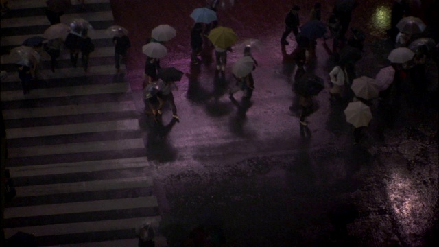 车辆和行人撑着雨伞穿过潮湿的街道。视频素材