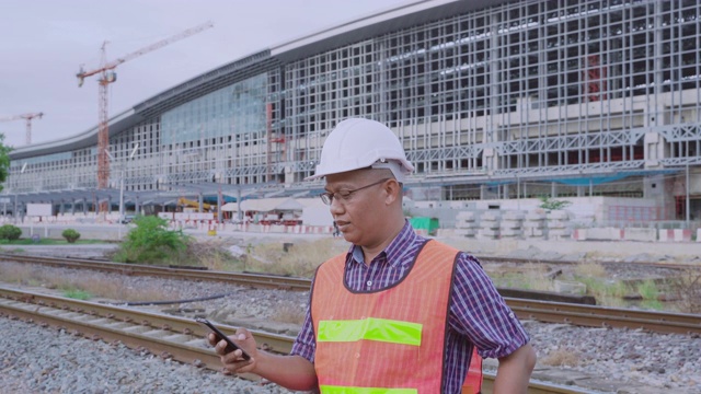 泰国40-50岁的印度工程师使用平板电脑查看和监控建筑施工进度，技术使之快捷方便。视频素材