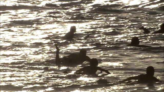 冲浪者在月夜里划着冲浪板冲浪。视频素材