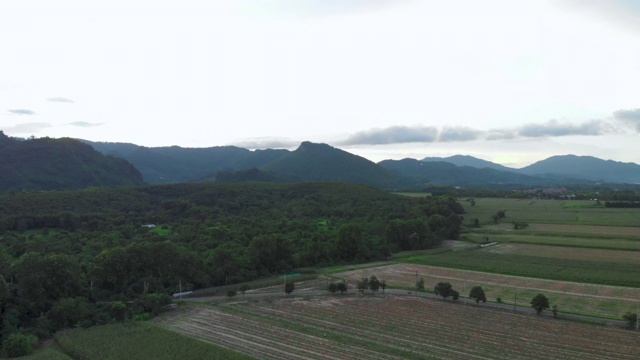 4k无人机拍摄高角度视角，春光明媚，稻田和高山云天，亚洲景观，阴影，树荫视频素材