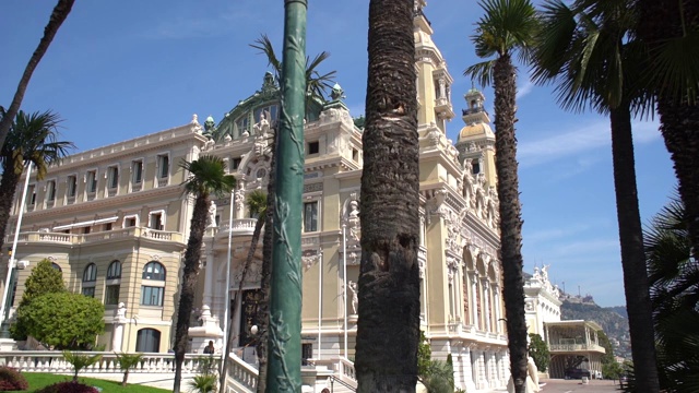 蒙特卡罗赌场(Casino de Monte-Carlo)的海景façade透过棕榈树视频素材