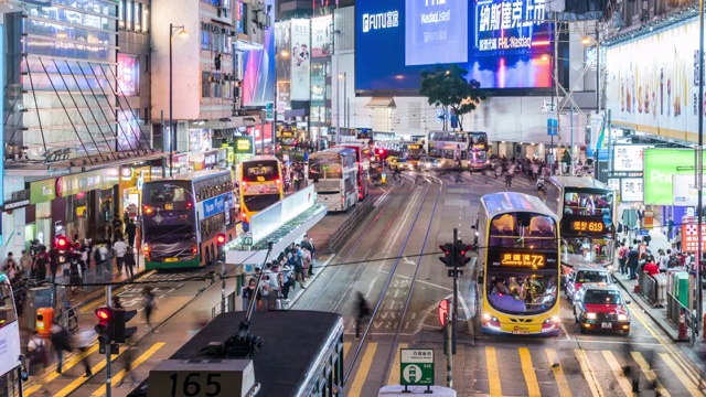 时间流逝:香港中央商务区的夜景与红绿灯小径视频素材