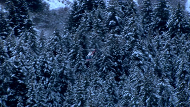 一架直升机在白雪覆盖的荒野山谷中飞行。视频素材