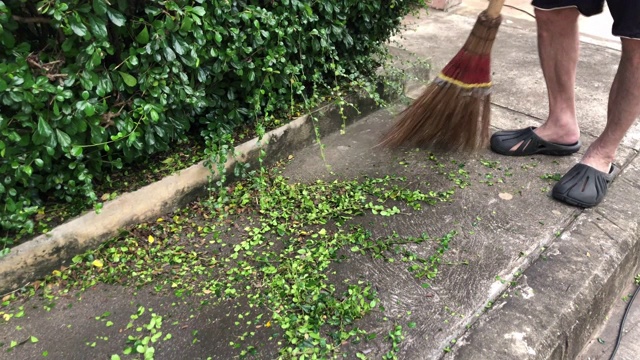 全家一起做家务，扫落叶视频素材