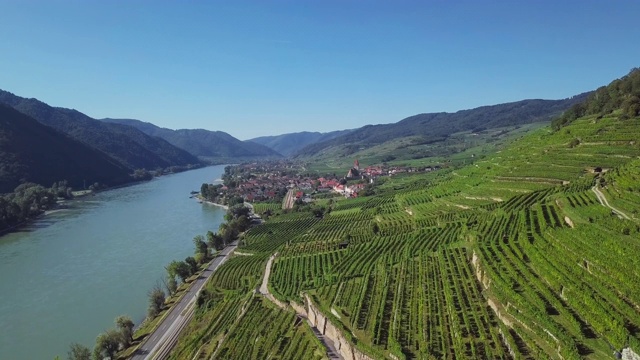 在德瓦肖镇和葡萄园的Weisenkirchen的空中全景图。瓦山谷,奥地利视频素材