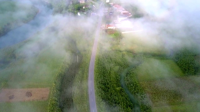 绿谷与路村走过晨雾视频素材