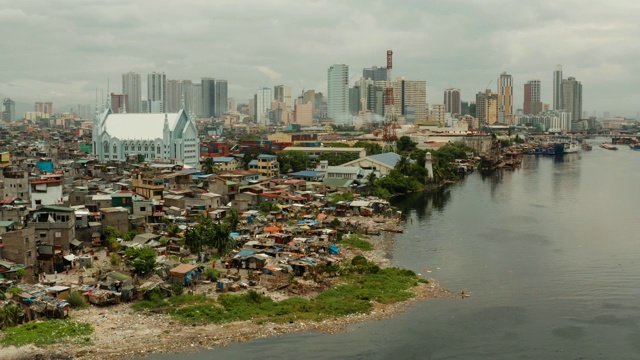 贫民窟的穷人在一个大城市的背景。马尼拉市，贫穷和贫困地区视频素材