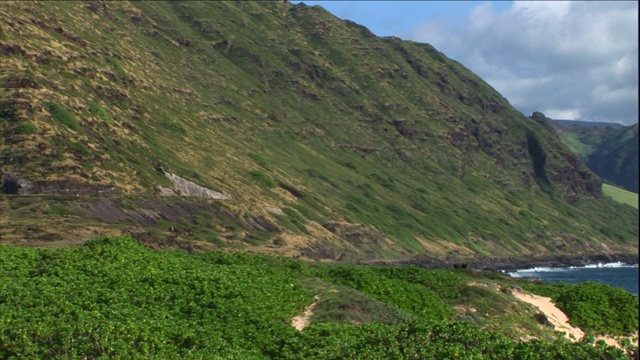 海浪冲刷着夏威夷郁郁葱葱的多山海岸。视频素材