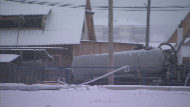 一只狗在雪地里小跑，经过电线、建筑物和一辆卡车。视频素材