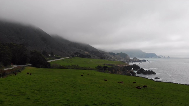 向后移动，越过草地，远离悬崖，直到完全隐藏。雨云覆盖着海洋附近的山顶视频素材