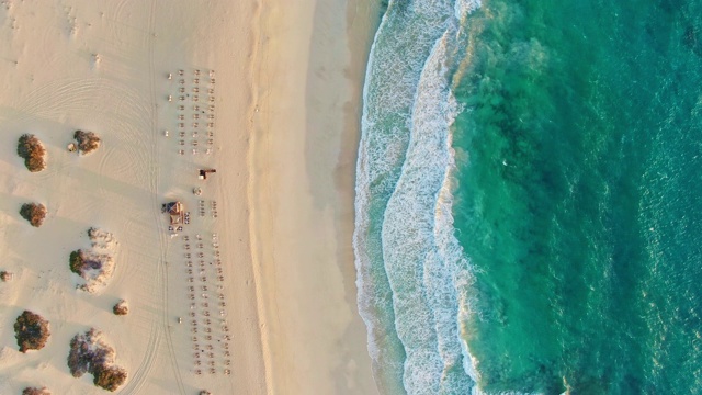 西班牙加那利群岛富埃特文图拉的Corralejo自然公园(Parque Natural de Corralejo)，空中4k全景鸟瞰日出海滩部分。为游客提供的大浪和日光浴床。视频素材