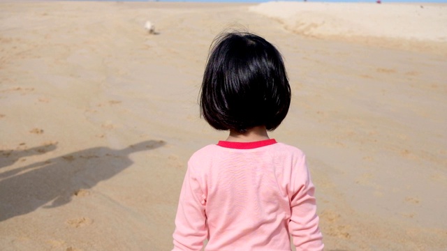 法国斗牛犬和小女孩在沙滩上玩球视频素材