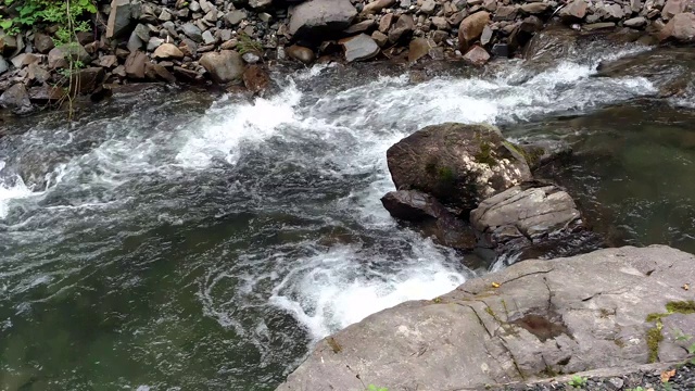 山河在乌克兰喀尔巴阡附近流淌着绿色的森林，是一条湍急的山河视频下载