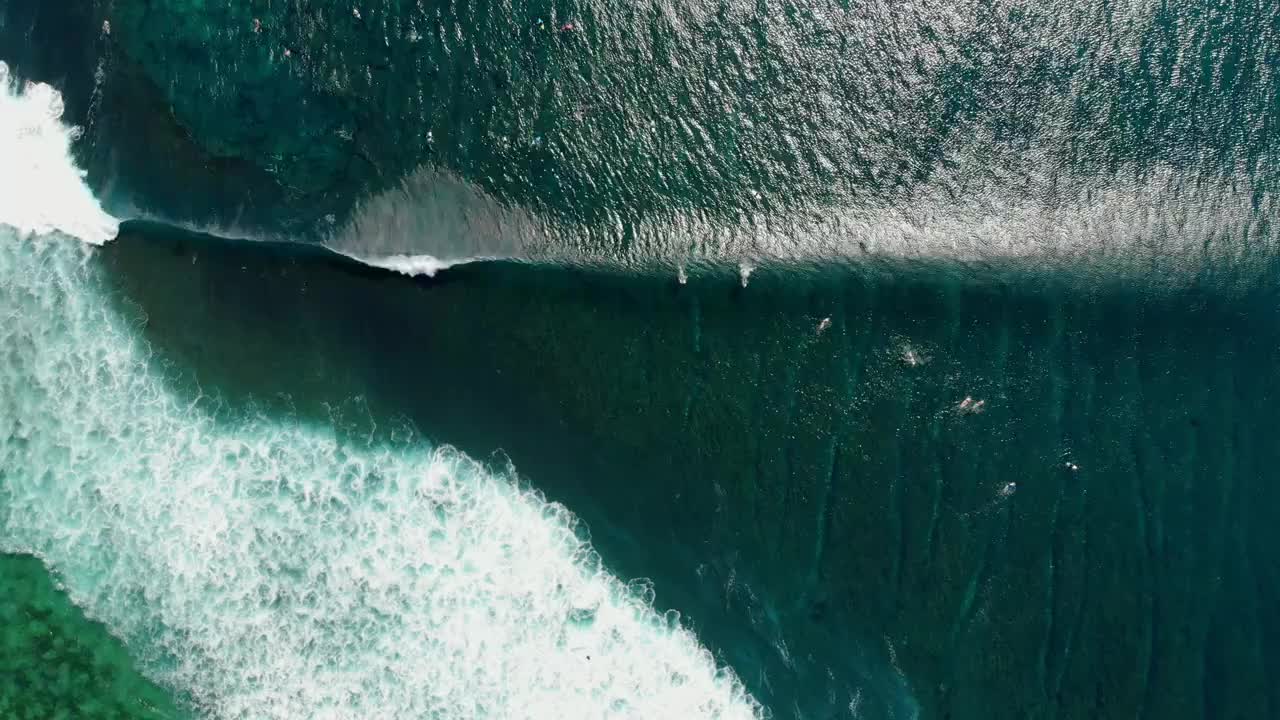 在大浪中冲浪的鸟瞰图。蓝色的海浪和冲浪者视频素材