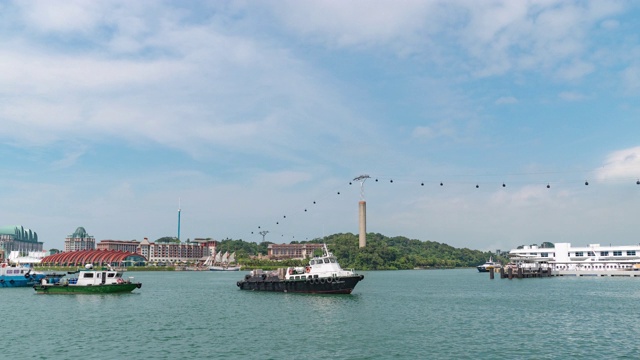 圣淘沙港和水上交通和起重机在工业港口的背景，时间流逝视频视频素材