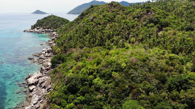 热带海滩上的平房和绿色椰子树。在泰国阳光明媚的日子里，在泰岛天堂岛附近平静的蓝色大海上的潜水和浮潜度假胜地的沙滩上的小屋。无人机的观点。视频素材