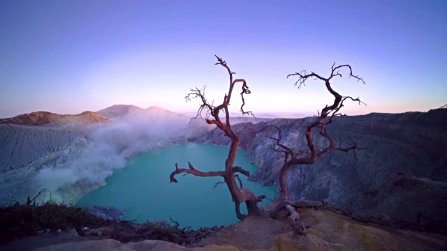 枯枝落叶的树在卡瓦伊真火山与绿松石硫磺湖水在日出。全景在东爪哇，印度尼西亚。自然景观背景。视频素材